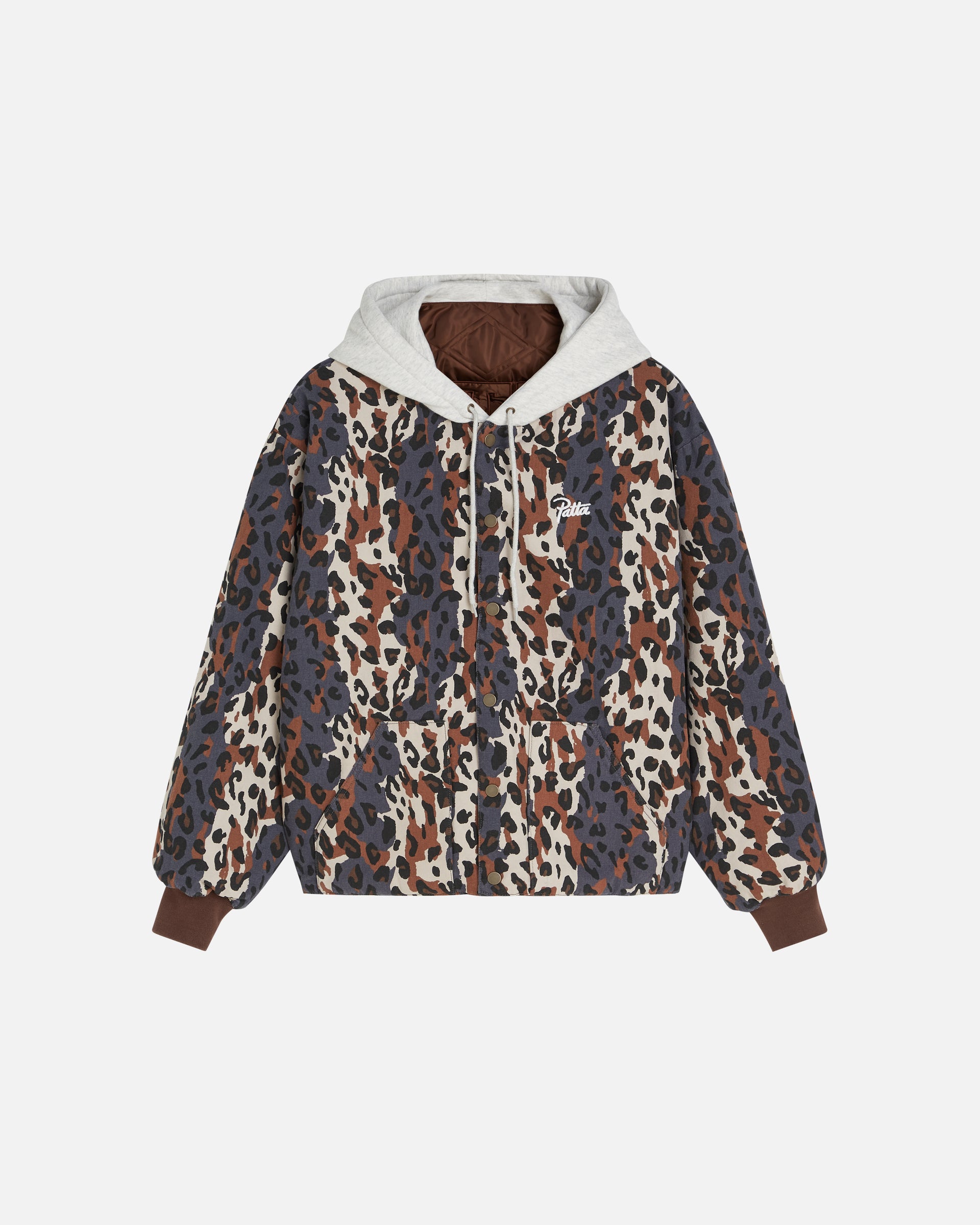 fornt image of the leopard side of the reversible leopard bomer jacket showing the allover leopard print and patta script logo